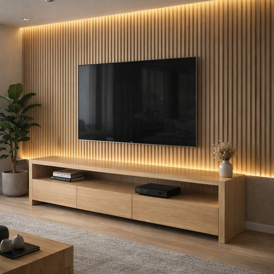 Lanna Lowline 3-drawer TV and entertainment unit in Vic Ash wood by MyChocolateWood, showcasing clean lines and natural wood grain.