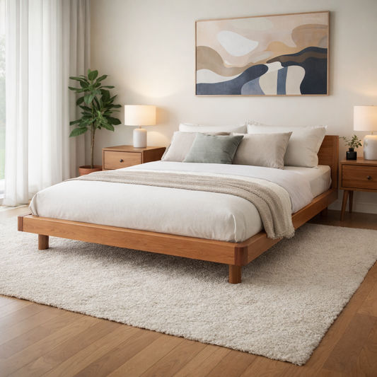 MALANYA SOLID PINE BED WITH CURVED EDGES & FLOATING LEGS LIGHT HONEY- MADE TO ORDER - MyChocolateWood