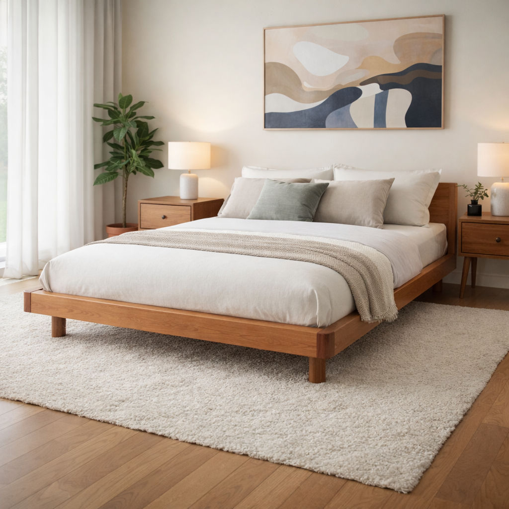 MALANYA SOLID PINE BED WITH CURVED EDGES & FLOATING LEGS LIGHT HONEY- MADE TO ORDER - MyChocolateWood