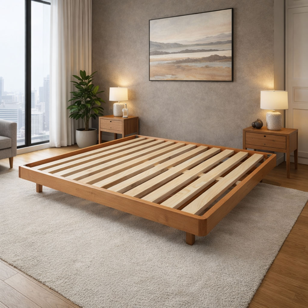 MALANYA SOLID PINE BED WITH CURVED EDGES & FLOATING LEGS LIGHT HONEY- MADE TO ORDER - MyChocolateWood