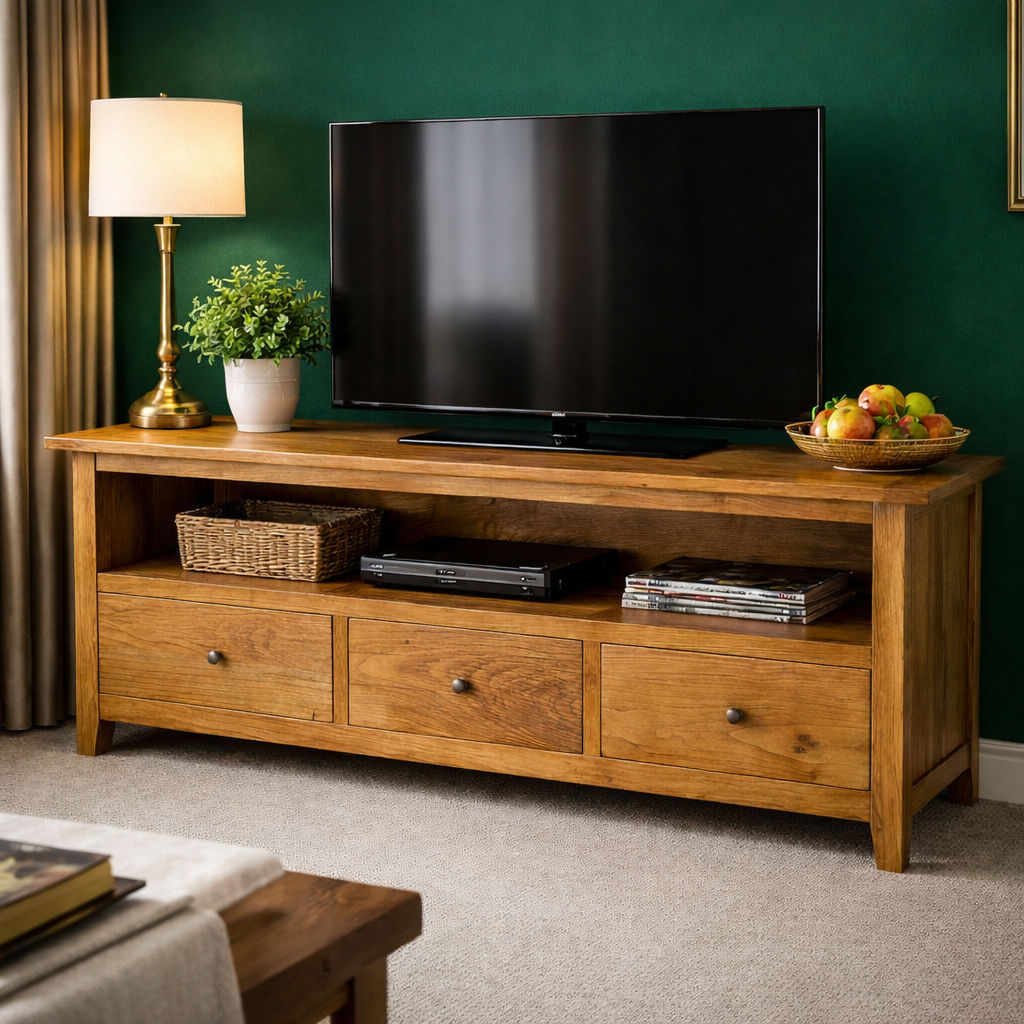 LINDI RECYCLED ELM RUSTIC COUNTRY STYLE TV/ENTERTAINMENT UNIT 3 DRAWERS HONEY 180CM - MyChocolateWood