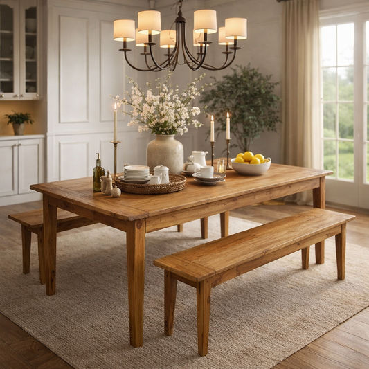 LINDI RUSTIC COUNTRY RECYCLED ELM 3 PIECE BENCH DINING SET 150 CM IN HONEY - MyChocolateWood