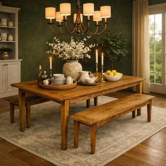 LINDI RUSTIC COUNTRY RECYCLED ELM 3 PIECE BENCH DINING SET 150 CM IN HONEY - MyChocolateWood