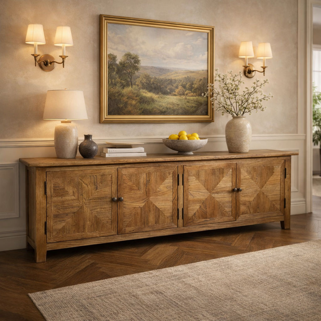 LENNON RUSTIC PROVINCIAL RECYCLED ELM TV UNIT PARQUETRY PATTERN 200 CM - MyChocolateWood