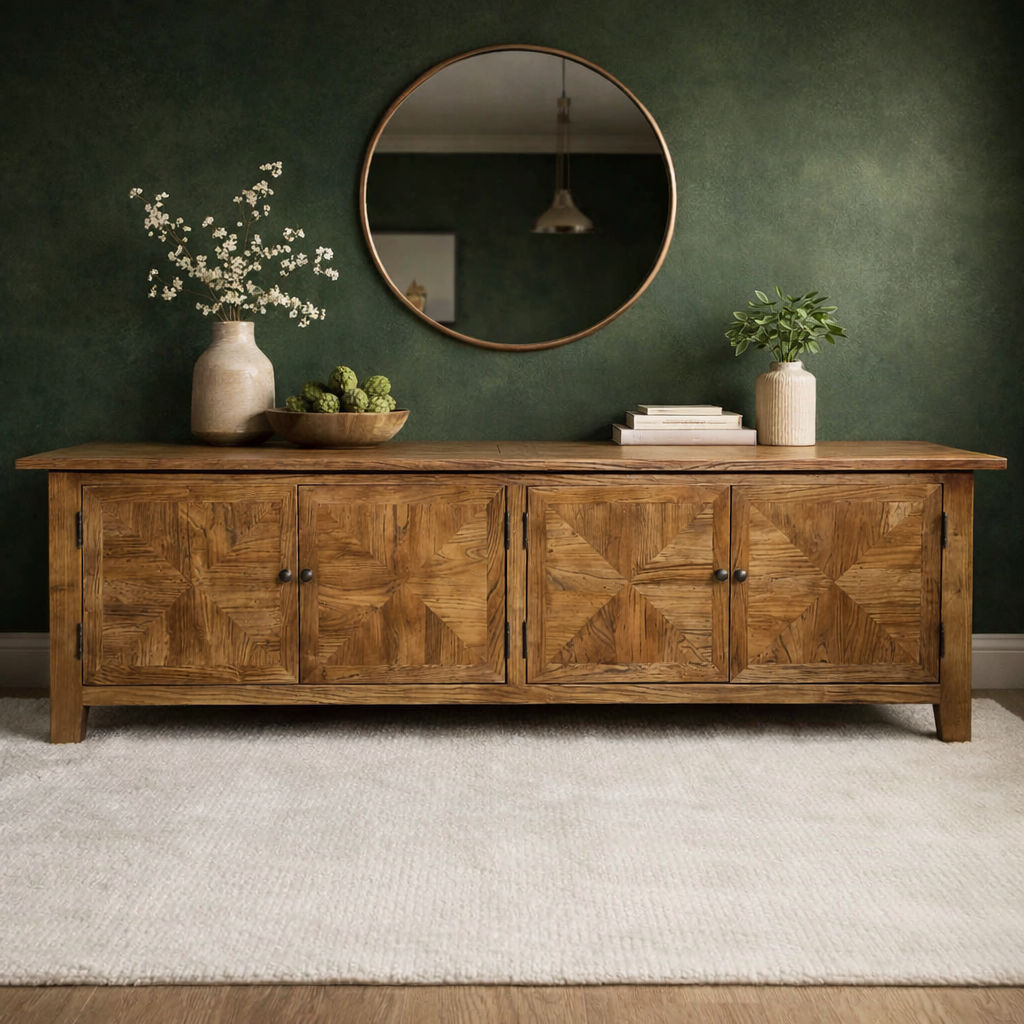 LENNON RUSTIC PROVINCIAL RECYCLED ELM TV UNIT PARQUETRY PATTERN 200 CM - MyChocolateWood