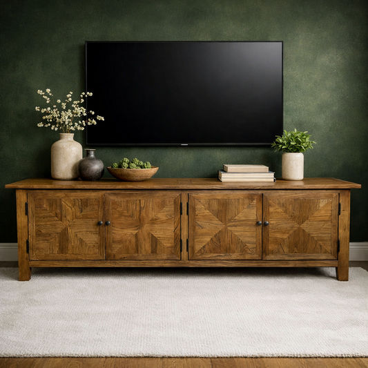 LENNON RUSTIC PROVINCIAL RECYCLED ELM TV UNIT PARQUETRY PATTERN 200 CM - MyChocolateWood