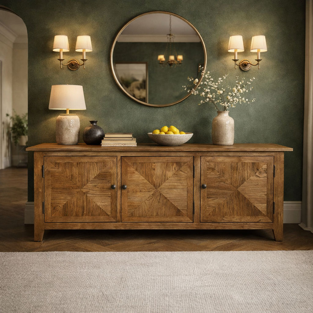LENNON RUSTIC PROVINCIAL RECYCLED ELM TV UNIT PARQUETRY PATTERN 3 DOORS - MyChocolateWood