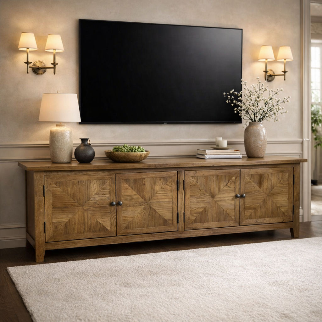LENNON RUSTIC PROVINCIAL RECYCLED ELM TV UNIT PARQUETRY PATTERN 200 CM - MyChocolateWood