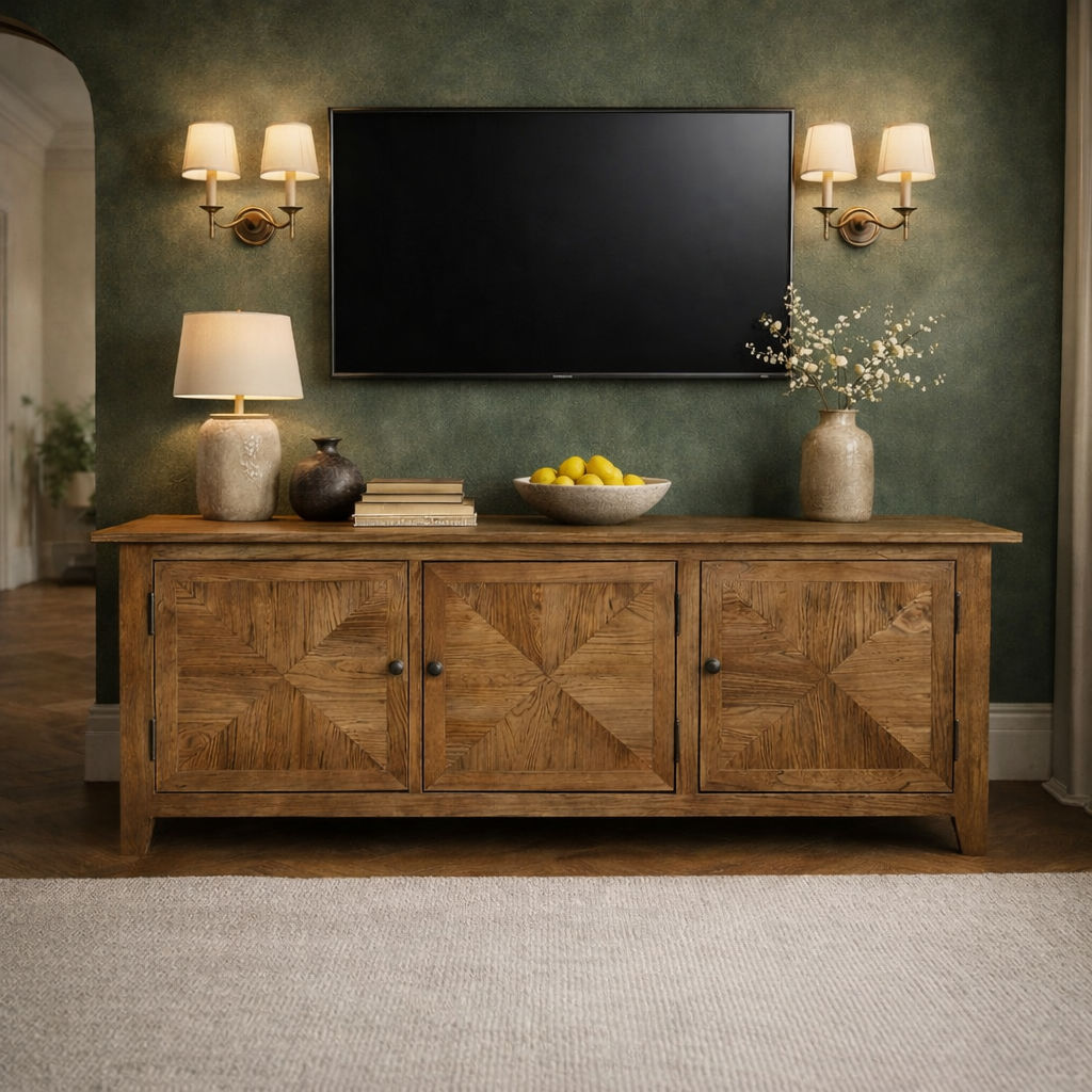 LENNON RUSTIC PROVINCIAL RECYCLED ELM TV UNIT PARQUETRY PATTERN 3 DOORS - MyChocolateWood
