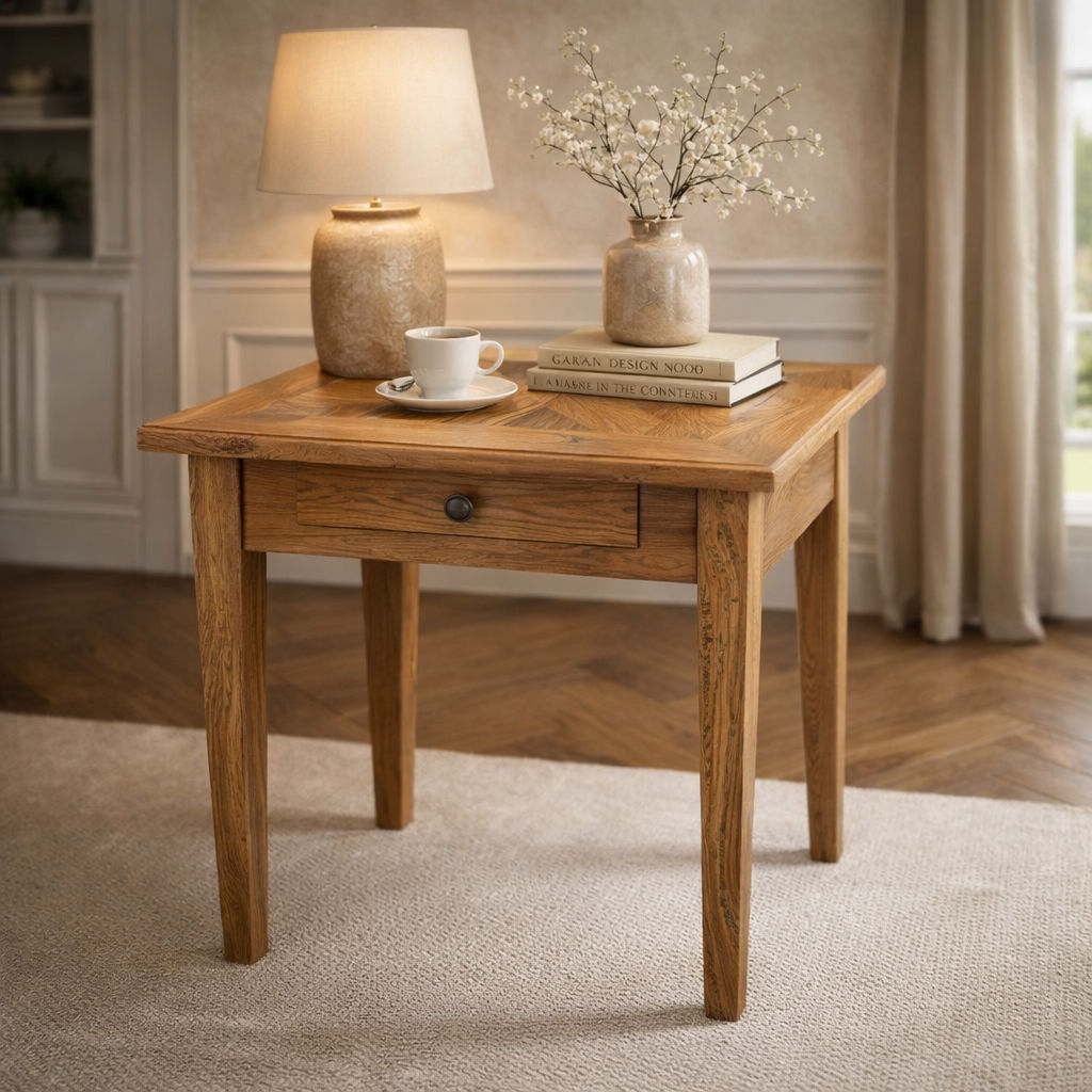 LENNON 1 DRAWER RUSTIC PROVINCIAL RECYCLED ELM PARQUETRY LAMP TABLE - MyChocolateWood