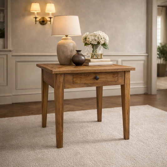 LENNON 1 DRAWER RUSTIC PROVINCIAL RECYCLED ELM PARQUETRY LAMP TABLE - MyChocolateWood