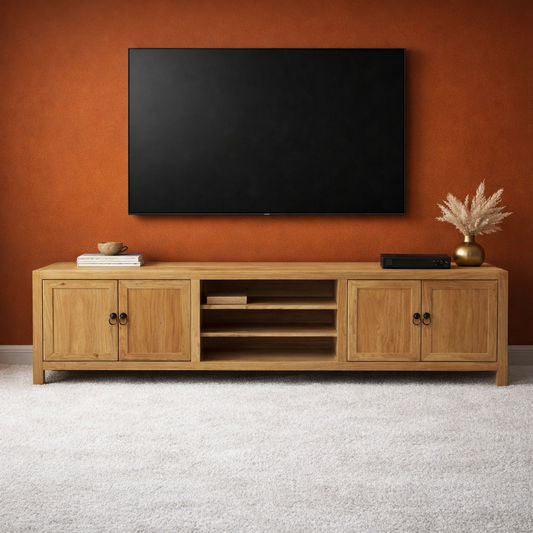 Bordeaux solid elm wood TV unit by MyChocolateWood, 200cm long, showcasing sleek design and natural wood finish.