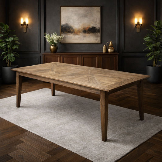 LENNON RUSTIC PROVINCIAL RECYCLED ELM PARQUETRY TOP DINING TABLE RECTANGULAR - 4 SIZES - MyChocolateWood