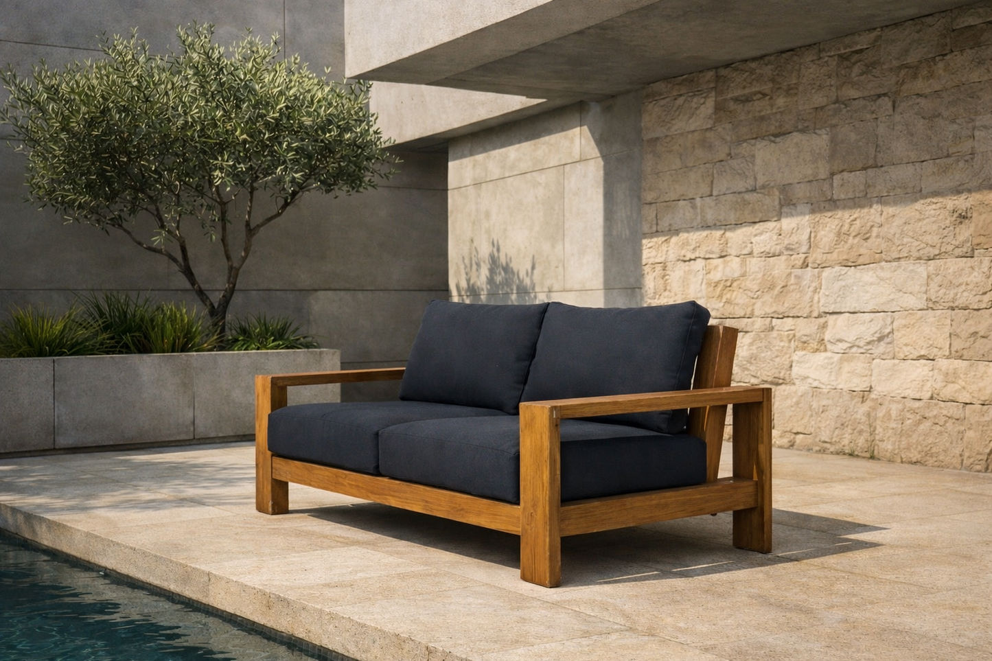 ALANYA HAMPTONS OUTDOOR 2-SEATER SOFA SETTEE EUCALYPTUS FRAME DARK CHARCOAL - MyChocolateWood