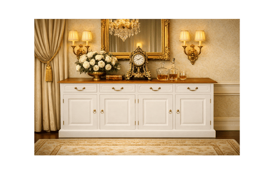TASMANIA SOLID MAHOGANY BUFFET/SIDEBOARD 4 DOORS & 4 DRAWERS WHITE BODYWITH A CARAMEL TOP & WHITE BODY - MyChocolateWood