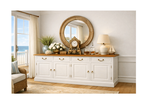 TASMANIA SOLID MAHOGANY BUFFET/SIDEBOARD 4 DOORS & 4 DRAWERS WHITE  BODYWITH A CARAMEL TOP & WHITE BODY - MyChocolateWood