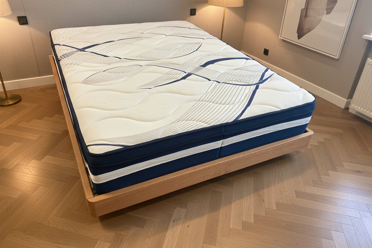 MALANYA SOLID VIC ASH QUEEN SIZE BED WITH CURVED EDGES & FLOATING LEGS + SLEEPRITE ORTHO POSTURE MATTRESS-QUEEN FLOOR STOCK CLEARANCE EOFY SALE