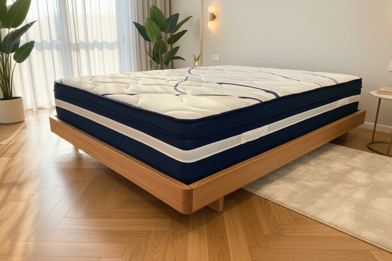 MALANYA SOLID VIC ASH QUEEN SIZE BED WITH CURVED EDGES & FLOATING LEGS + SLEEPRITE ORTHO POSTURE MATTRESS-QUEEN FLOOR STOCK CLEARANCE EOFY SALE