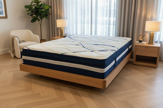 MyChocolateWood Malanya solid vic ash queen size bed with curved edges and floating legs, paired with SleepRite ortho posture mattress.