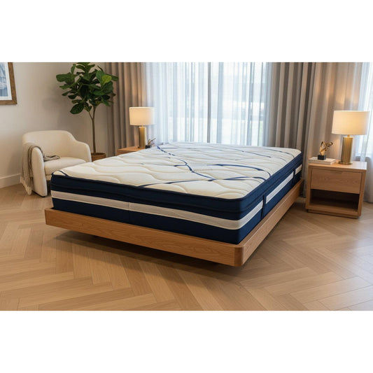 MyChocolateWood Malanya solid vic ash queen size bed with curved edges and floating legs, paired with SleepRite ortho posture mattress.