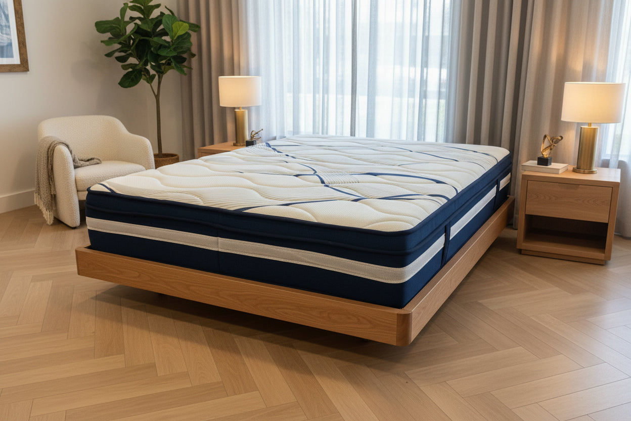 MALANYA SOLID VIC ASH QUEEN SIZE BED WITH CURVED EDGES & FLOATING LEGS + SLEEPRITE ORTHO POSTURE MATTRESS-QUEEN FLOOR STOCK CLEARANCE EOFY SALE