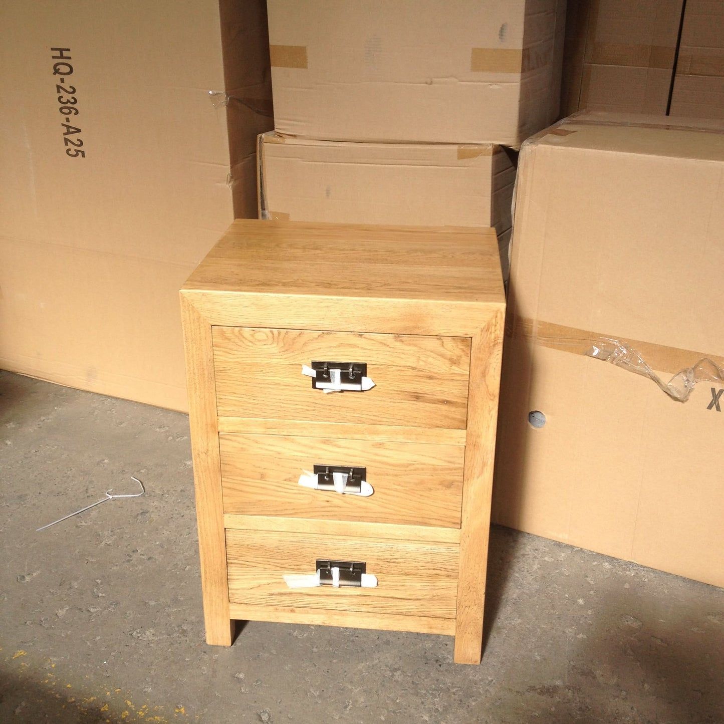 MyChocolateWood TARA solid oak 3-drawer bedside table with sleek design and durable wood finish, ideal for bedroom storage.