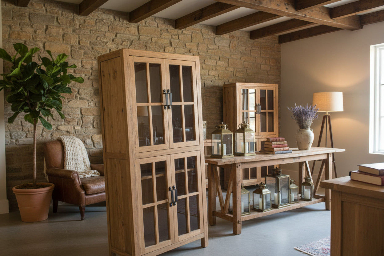 FAIRMONT RECYCLED ELM GLASS CABINET - NATURAL - MyChocolateWood