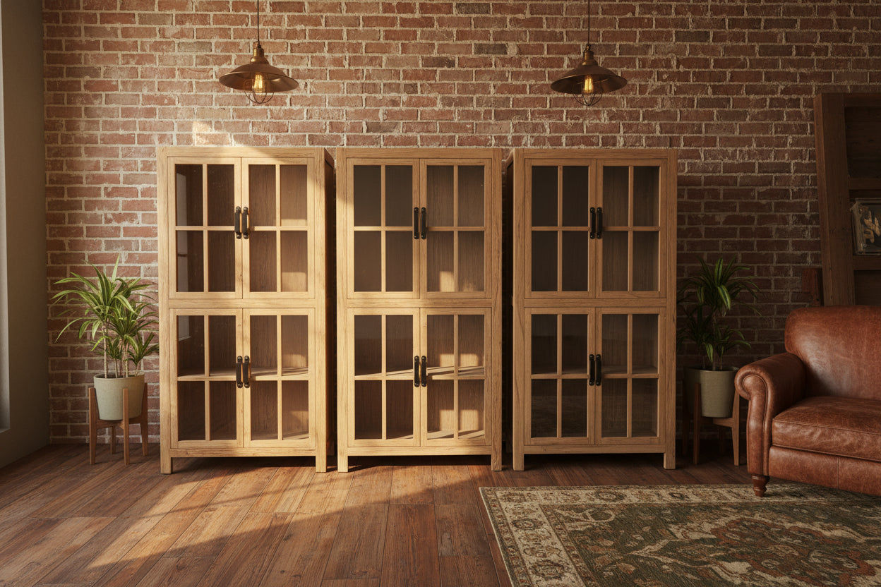 FAIRMONT RECYCLED ELM GLASS CABINET - NATURAL - MyChocolateWood