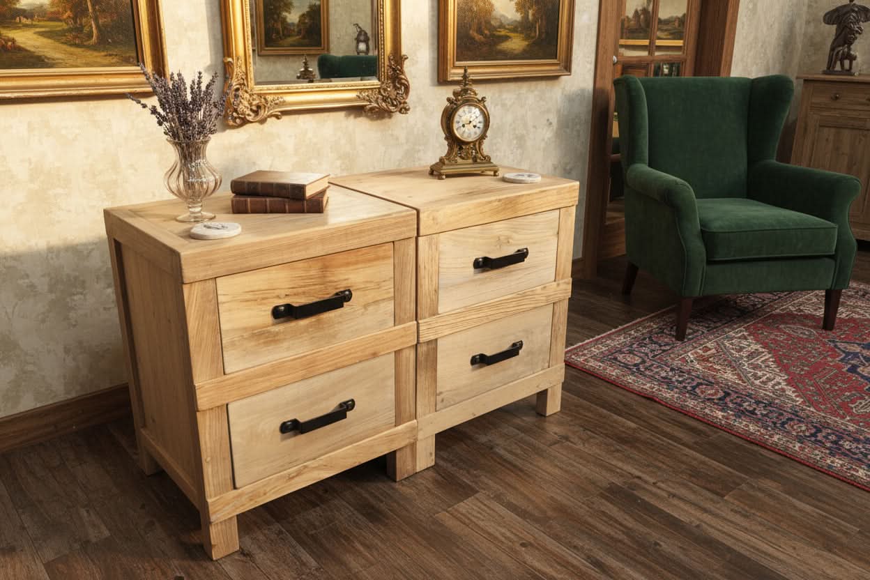 2 X FAIRMONT RECLAIMED ELM TIMBER 2 DRAWER BEDSIDE TABLE RUSTIC - MyChocolateWood