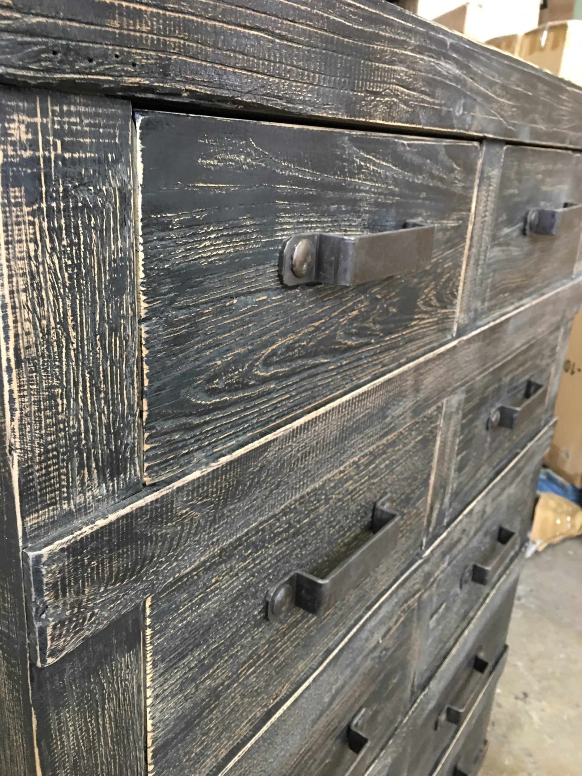 FAIRMONT RECYCLED ELM TALLBOY/ CHEST OF 10 DRAWERS IRON HANDLES INDUSTRIAL IN BLACKWASH - MyChocolateWood