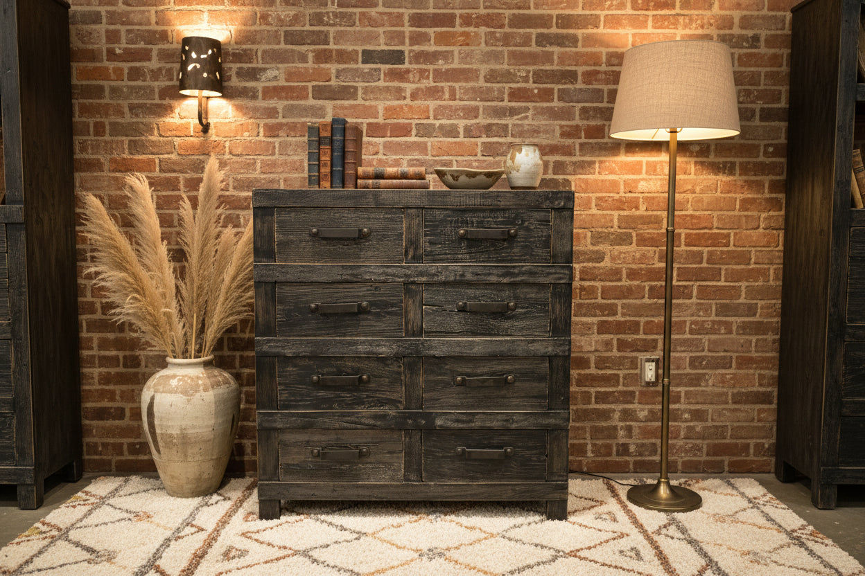 FAIRMONT RECYCLED ELM TALLBOY/ CHEST OF 10 DRAWERS IRON HANDLES INDUSTRIAL IN BLACKWASH - MyChocolateWood