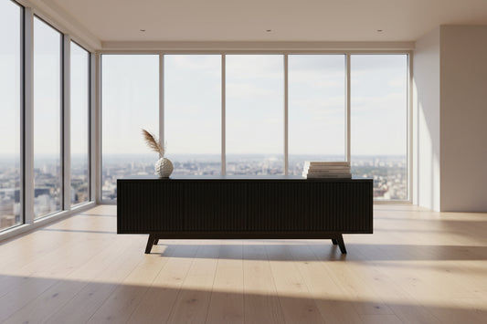 BALI SOLID TEAK TV UNIT 3 DOORS PUSH TOP OPEN BLACK - MyChocolateWood