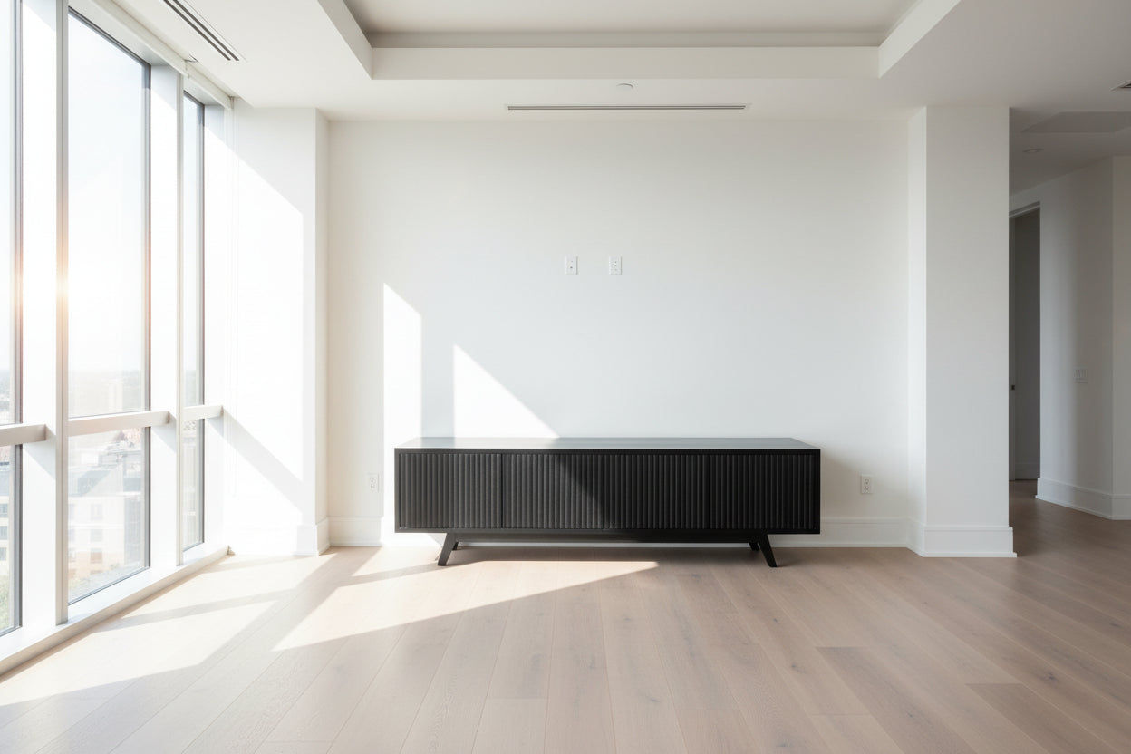 BALI SOLID TEAK TV UNIT 3 DOORS PUSH TOP OPEN BLACK - MyChocolateWood