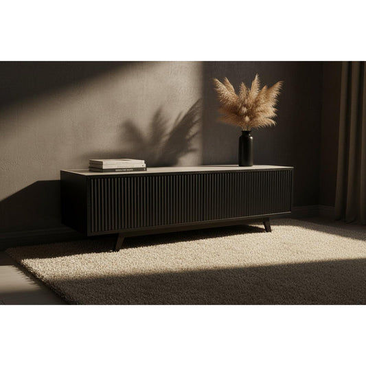 MyChocolateWood Bali solid teak TV unit with three doors and push-to-open top in black, showcasing a sleek modern design.