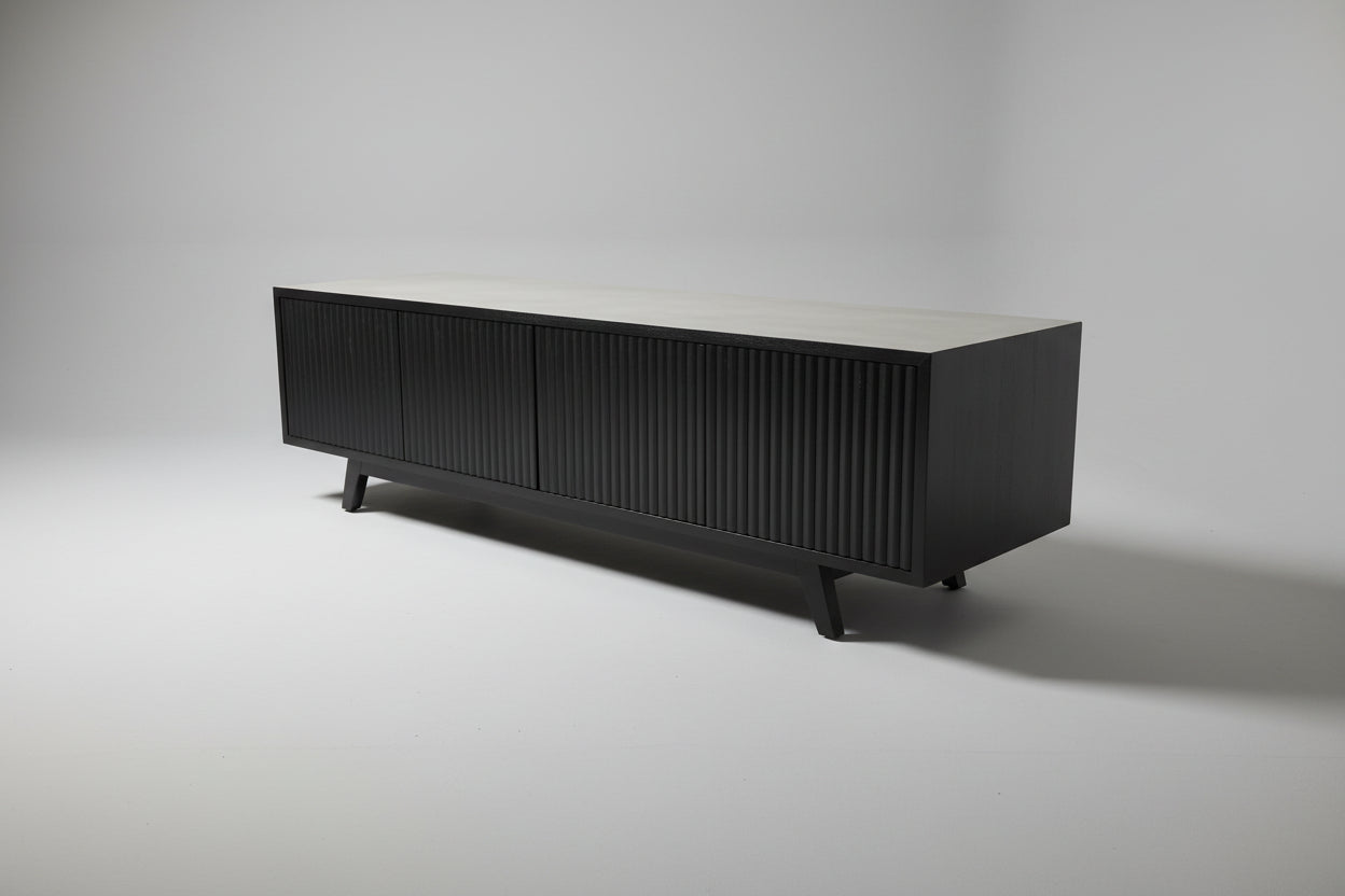 BALI SOLID TEAK TV UNIT 3 DOORS PUSH TOP OPEN BLACK - MyChocolateWood