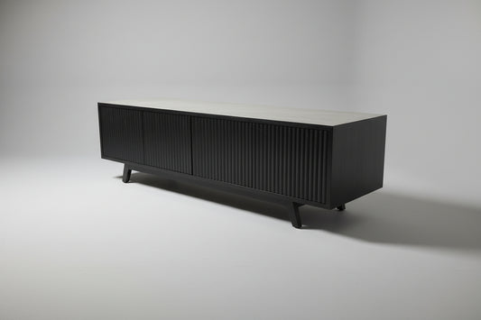 BALI SOLID TEAK TV UNIT 3 DOORS PUSH TOP OPEN BLACK - MyChocolateWood