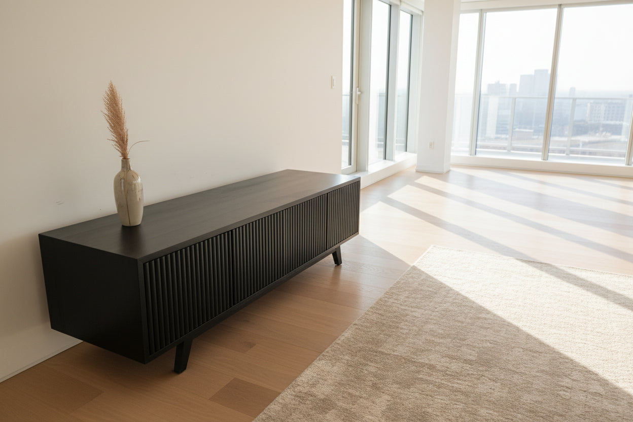 BALI SOLID TEAK TV UNIT 3 DOORS PUSH TOP OPEN BLACK - MyChocolateWood