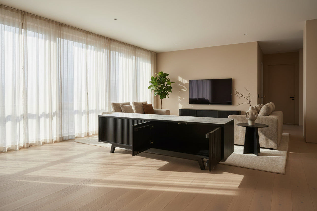 BALI SOLID TEAK TV UNIT 3 DOORS PUSH TOP OPEN BLACK - MyChocolateWood