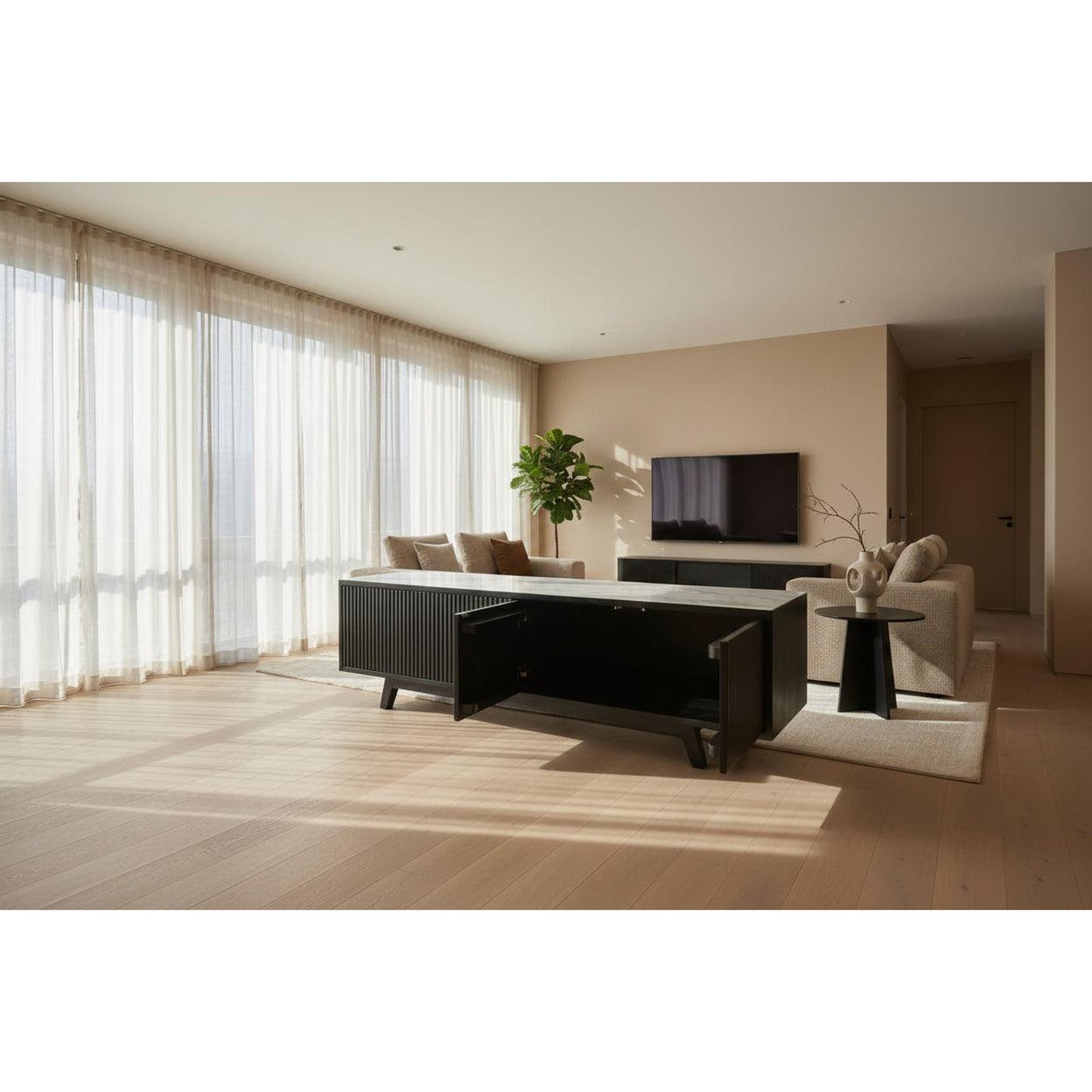 Chocolate Wood Bali solid teak TV unit with three doors and push-top opening in black, showcasing a sleek modern design.