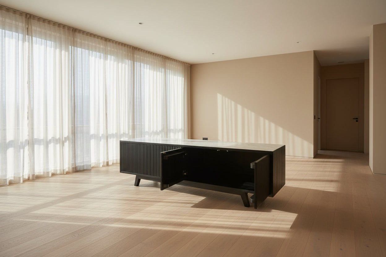 MyChocolateWood Bali solid teak TV unit with three doors and push-top opening in black, showcasing a sleek modern design.