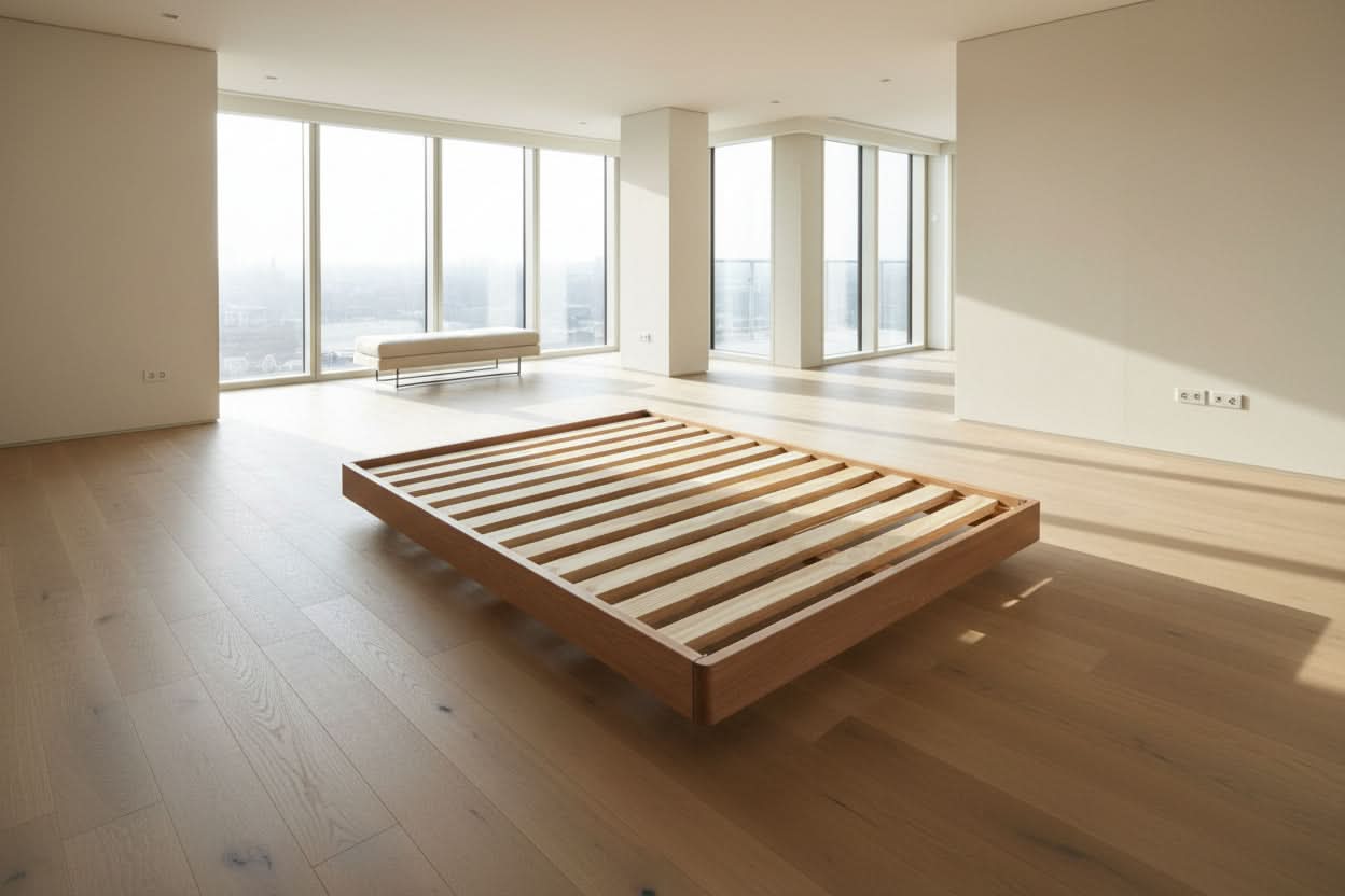MALANYA SOLID VIC ASH QUEEN BED WITH CURVED EDGES & FLOATING LEGS - MADE TO ORDER - MyChocolateWood