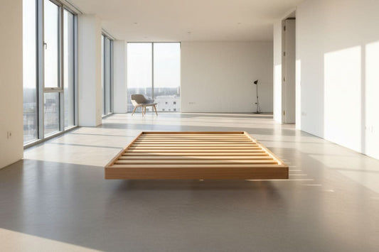 Solid VIC ash bed by MyChocolateWood with curved edges and floating legs, made to order in a sleek, modern design.