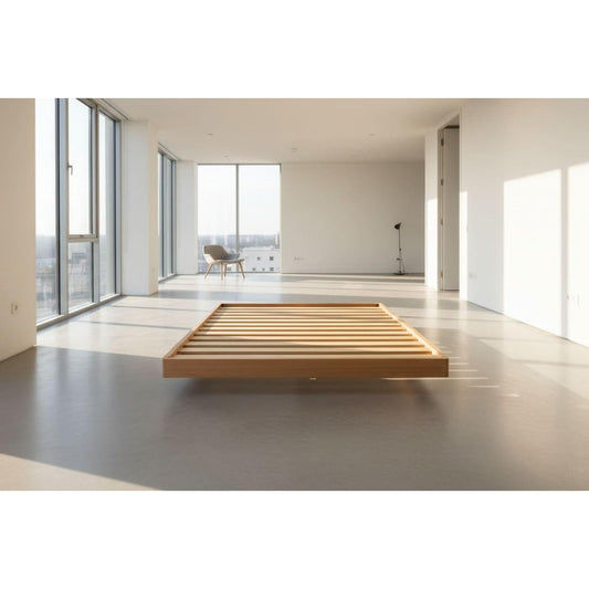 Solid VIC ash bed by MyChocolateWood with curved edges and floating legs, made to order in a sleek, modern design.