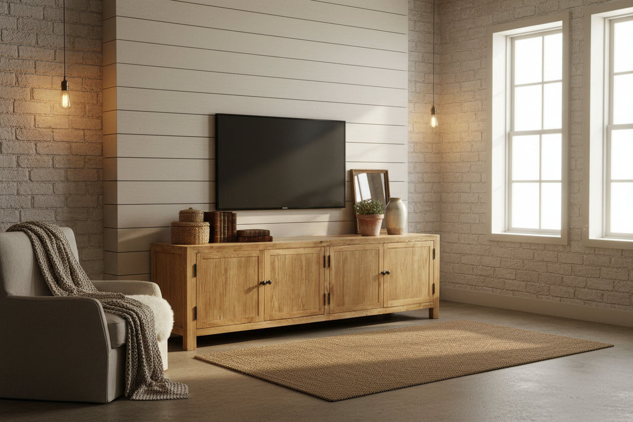 MAGNOLIOUS RUSTIC 4 DOORS TV/ENTERTAINMENT UNIT IN SOLID OAK - MyChocolateWood