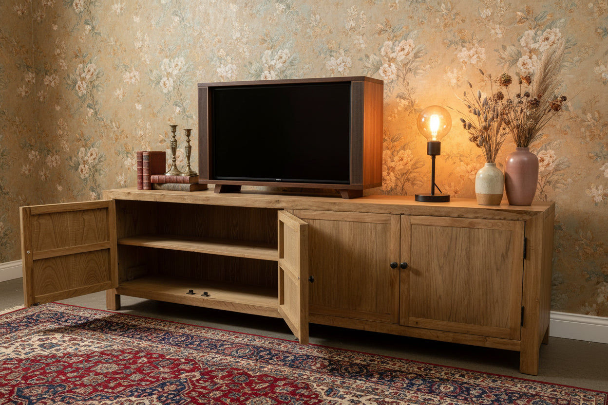 MAGNOLIOUS RUSTIC 4 DOORS TV/ENTERTAINMENT UNIT IN SOLID OAK - MyChocolateWood