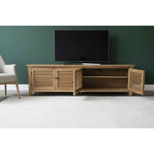 PALM BEACH LOUVRE STYLE TV/ENTERTAINMENT UNIT - 4 DOORS - SOLID OAK NATURAL - MyChocolateWood