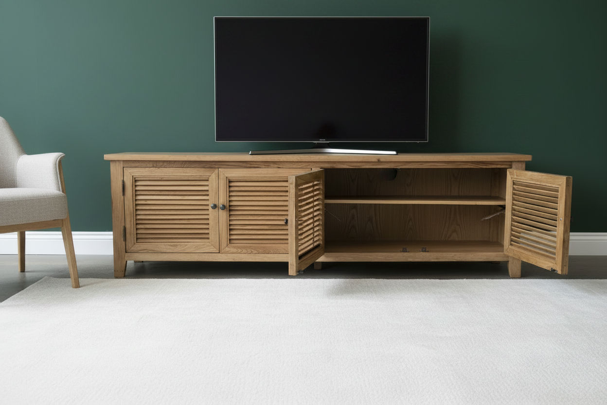 PALM BEACH LOUVRE STYLE TV/ENTERTAINMENT UNIT - 4 DOORS - SOLID OAK NATURAL - MyChocolateWood