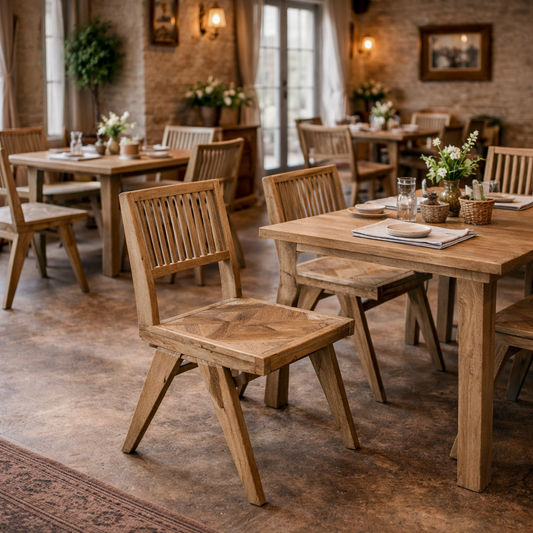 Reclaimed elm dining chair with parquetry patterned seat from MyChocolateWood, showcasing a stylish and natural wood finish.