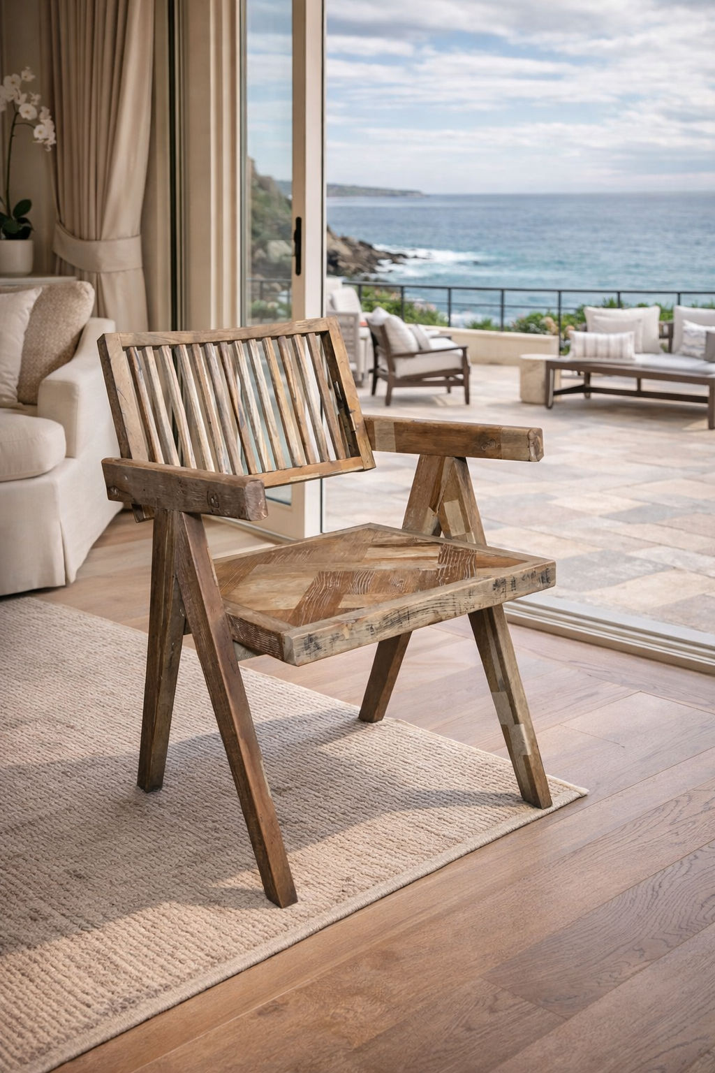 MORO RECLAIMED ELM CARVER DINING CHAIR PARQUETRY PATTERN ON SEAT - MyChocolateWood