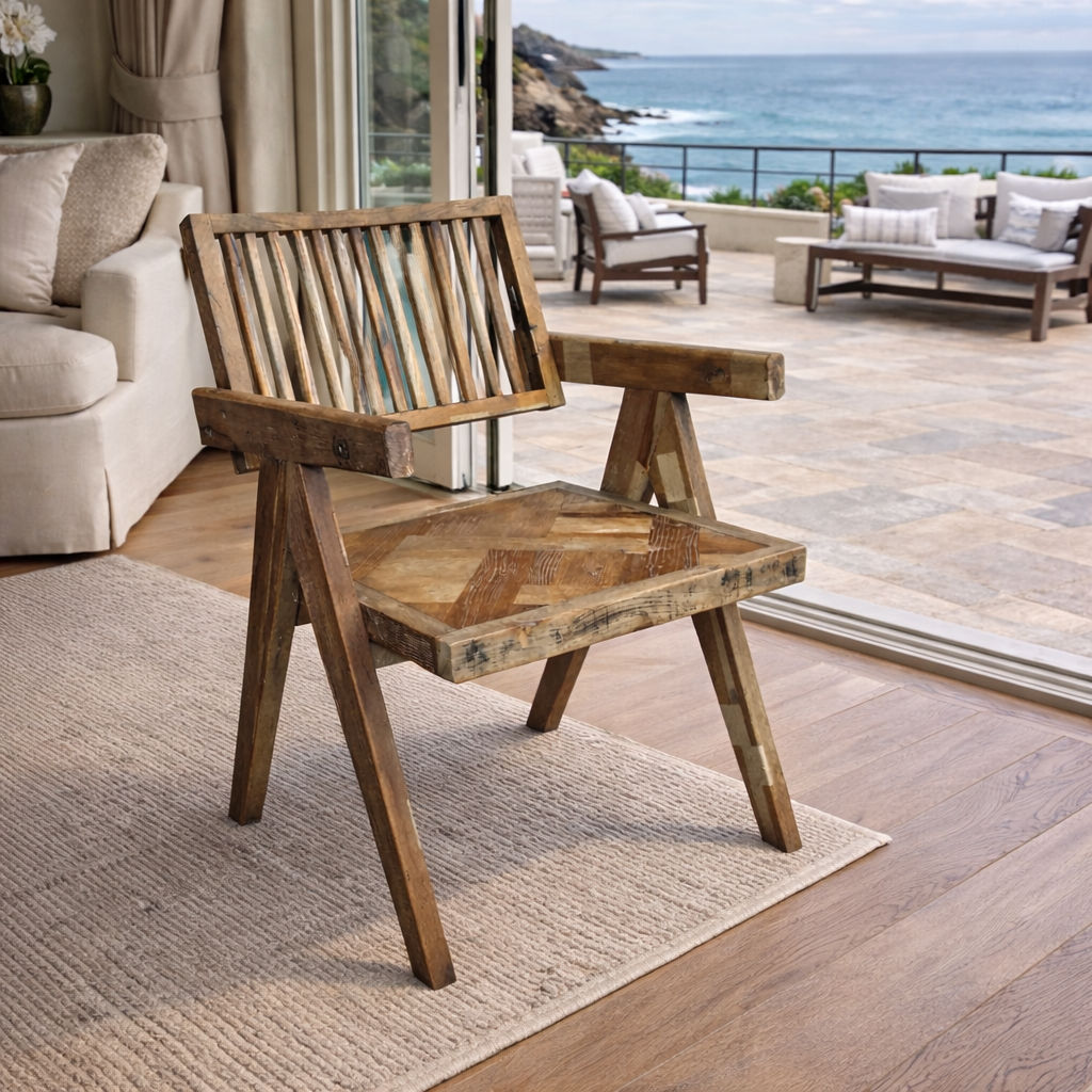 MORO RECLAIMED ELM CARVER DINING CHAIR PARQUETRY PATTERN ON SEAT - MyChocolateWood